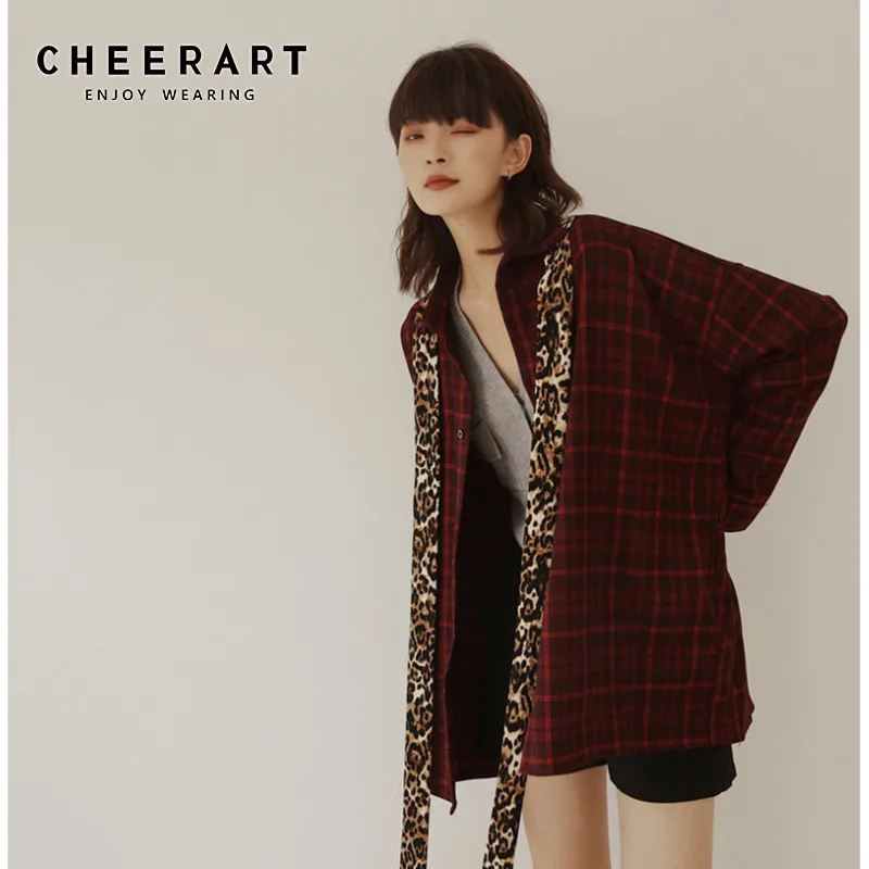 

CHEERART Red Plaid Shirt Women Leopard Print Long Sleeve Blouse Plus Size Loose Button Up Shirt Designer Top 2020