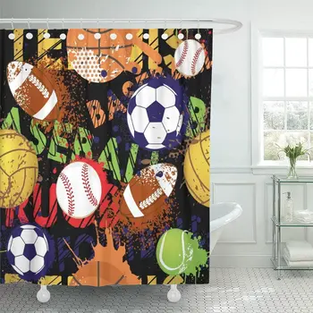 

Shower Curtain Waterproof 72 x 72 inches Boy Sport Pattern with Balls Repeated for Child Creative Grunge Design Black Game Set