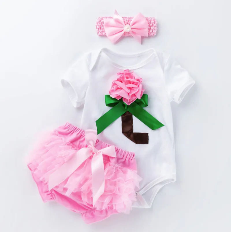 pink НОВЫЕ комплекты одежды для маленьких девочек, боди с цветочным принтом для новорожденных и кружевные трусы, юбка-американка, повязка на голову с бантом, костюмы из 3 предметов, подарки для детей - Цвет: pink