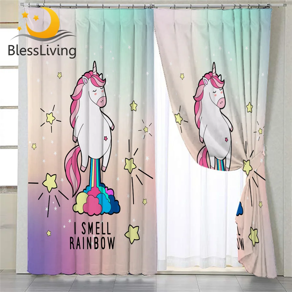 

BlessLiving Cartoon Unicorn Window Curtain Cute Rainbow Blackout Curtain Girly Kids Rod Pocket Living Room Curtain Dropship 1PC
