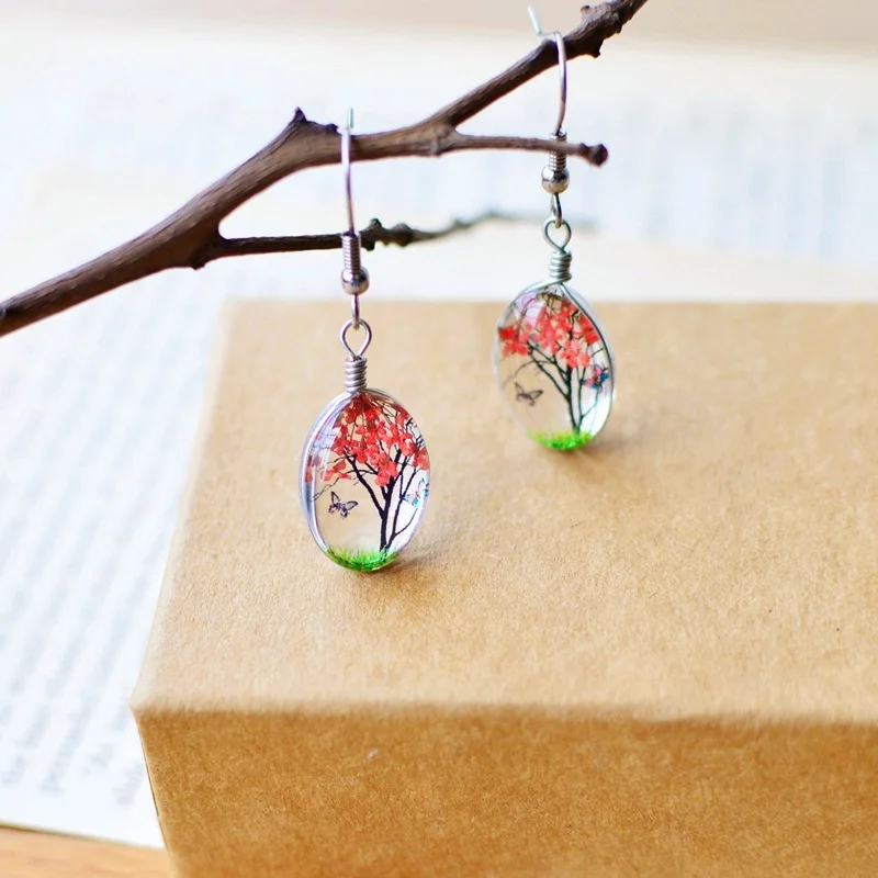 Plant Dry Dried Real Flower Earring Drop Earring Glass Ball Pressed Flower for Women