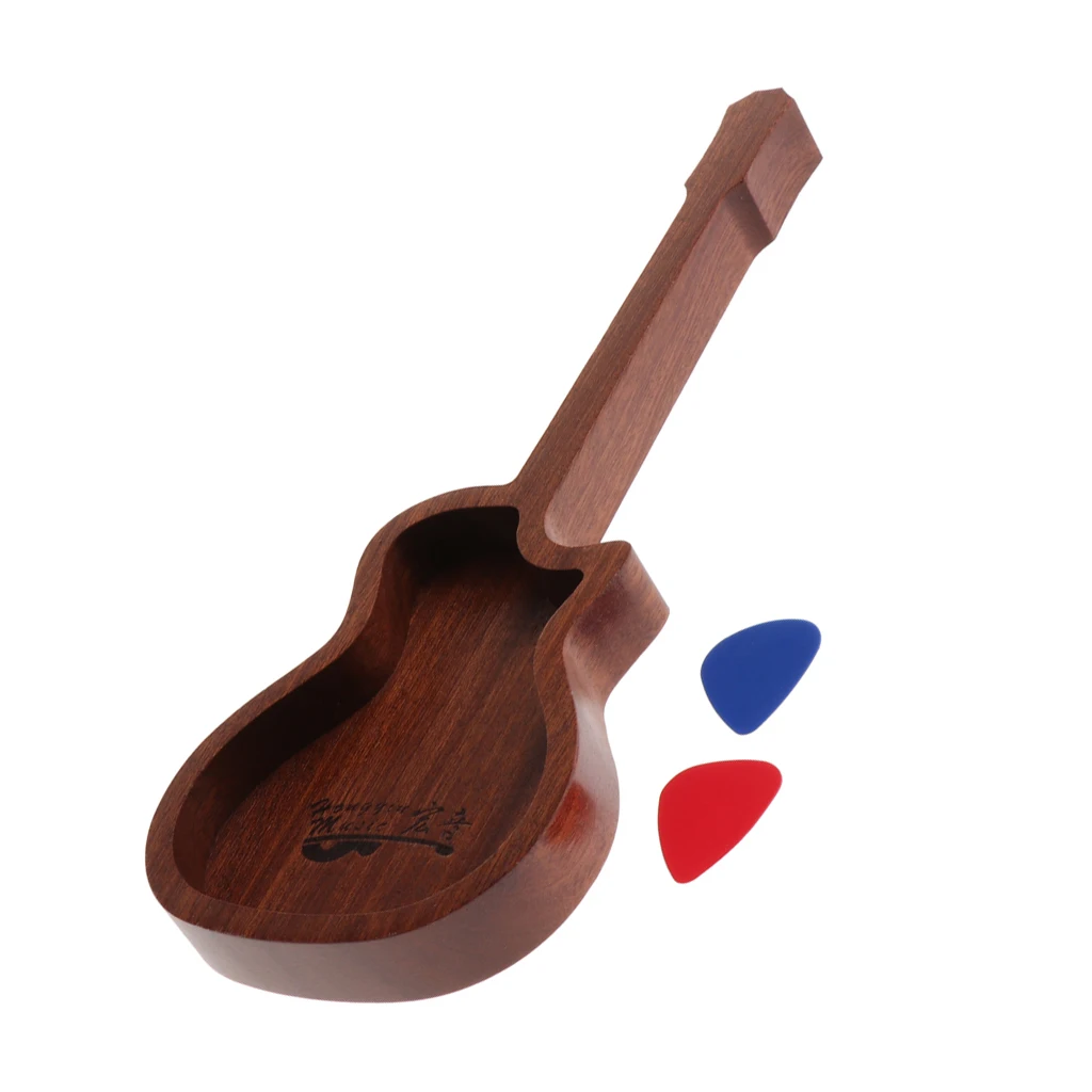Durable Wooden Guitar Bass Pick Plectrums Box With 2pcs Picks