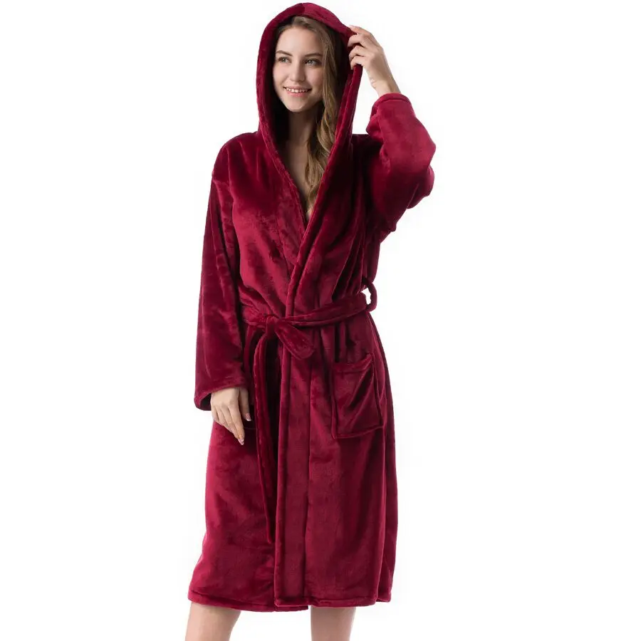 2020 Winter Kimono Robe Plush Fleece Bath Robes For Women Soft Warm Long Sleeve Hooded Nightgown Loungewear Sleepwear