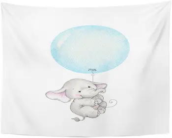

Tapestry Baby Cute Elephant Flying on Blue Balloon Animal Nursery Tapestries Wall Hanging for Living Room Bedroom Dorm