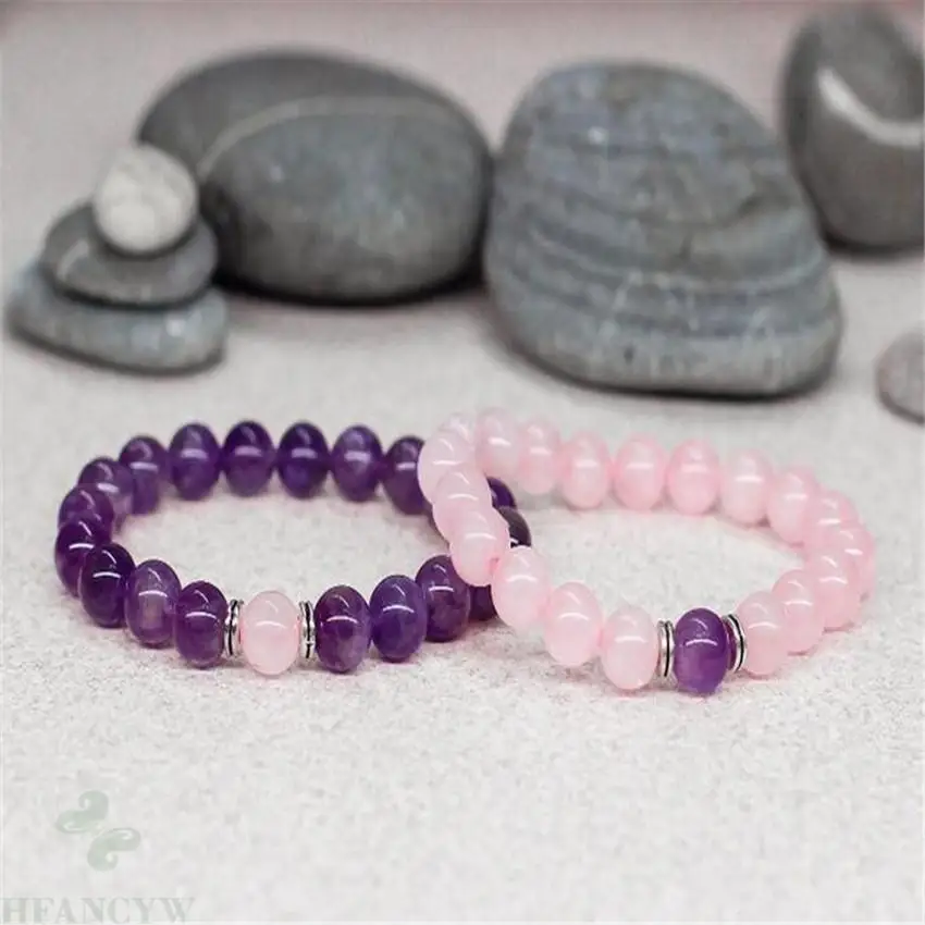 

2pcs Amethyst Rose Quartz Bracelet 7.5 inches Buddhism Monk Sutra Wrist Cuff Lucky Energy Yoga Men Unisex Meditation Mala