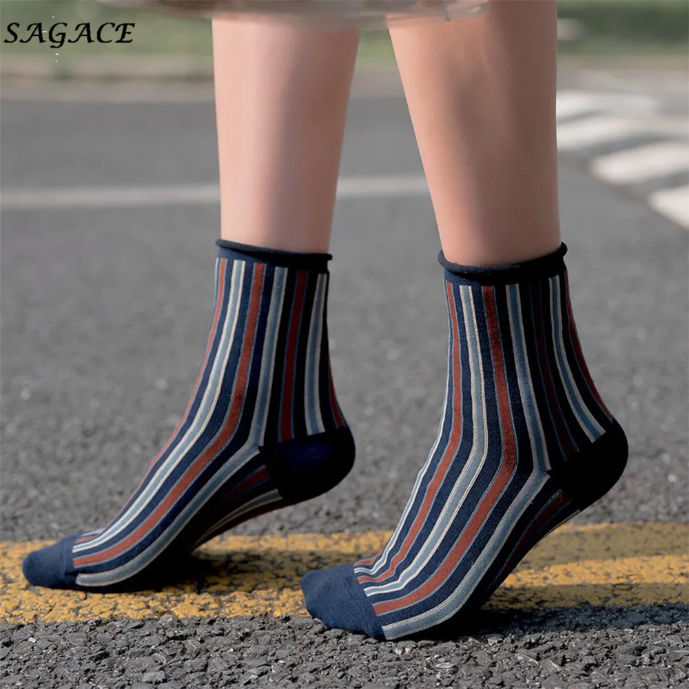 SAGACE носки женские зернистые хлопковые уличные носки средней длины без пятки полосатые вертикальные жаккардовые корейские теплые мягкие модные носки