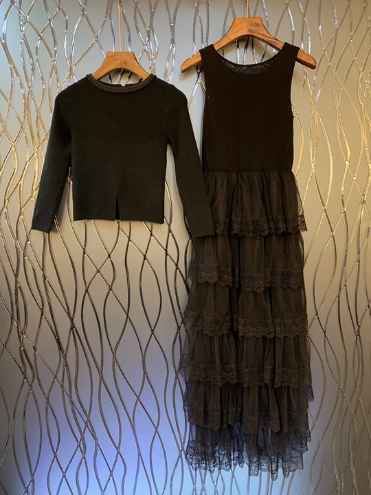 

2019 autumn and winter new women's knit top two-piece mesh dress