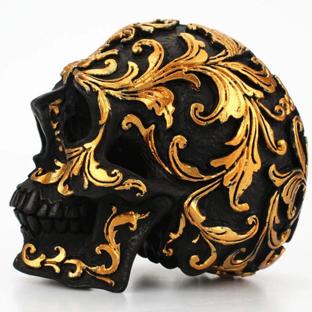 Resin Halloween Resin Skull Statue Skull Head Sculpture with Golden Flower Sign, Suitable for Home Office Table Decoration