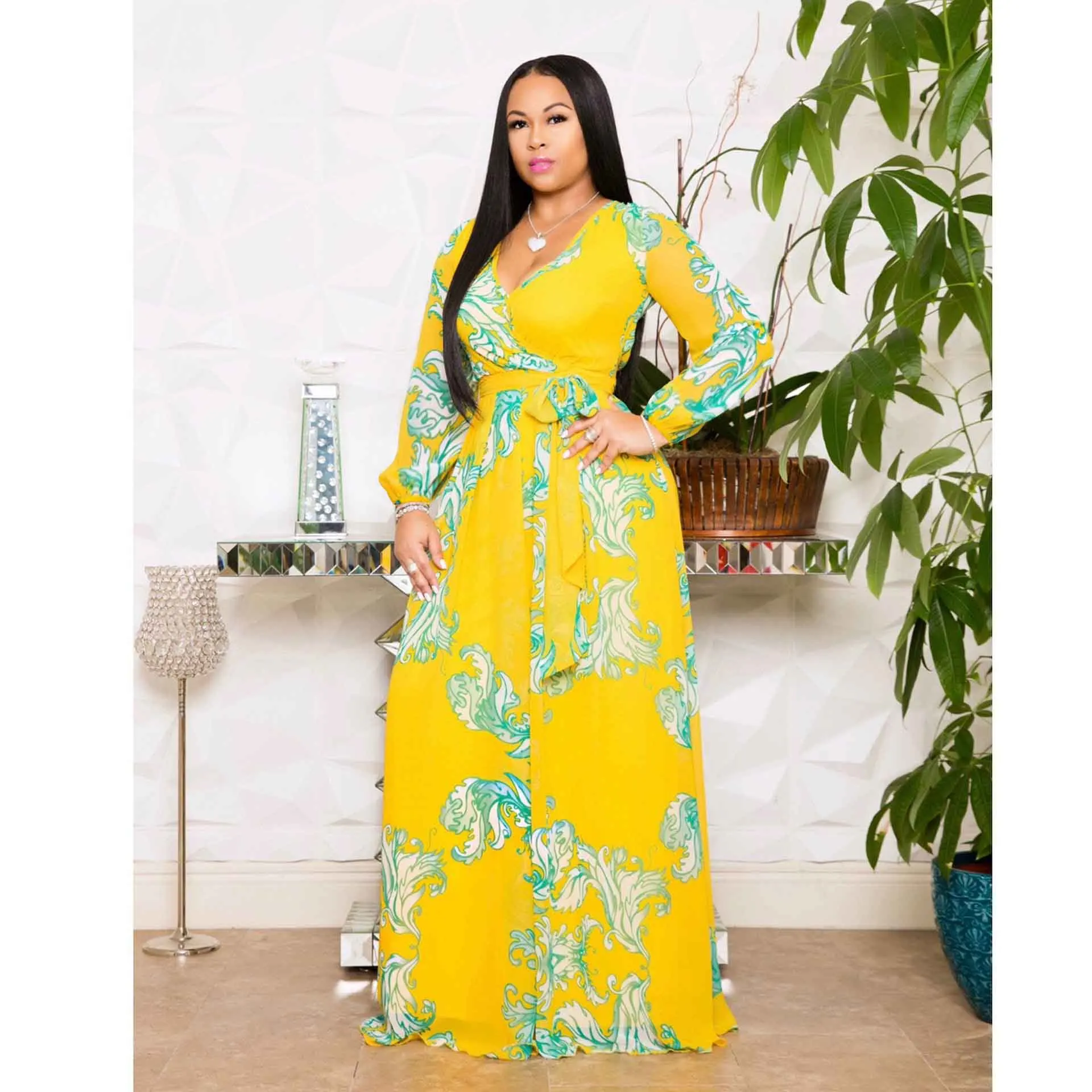 Стиль, африканская Женская одежда, Дашики, Модное шифоновое длинное платье с большим низом, размер S-5XL 7612 - Цвет: yellow
