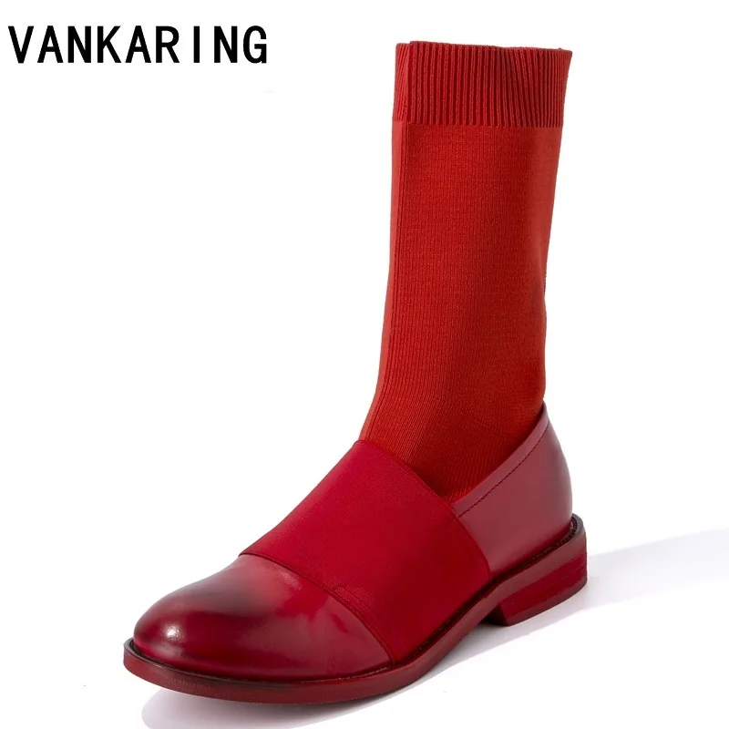 

fashion mixed colors soft leathr+elastic cloth ankle boots women thick heels stetch sock boots high quality autumn winter boots