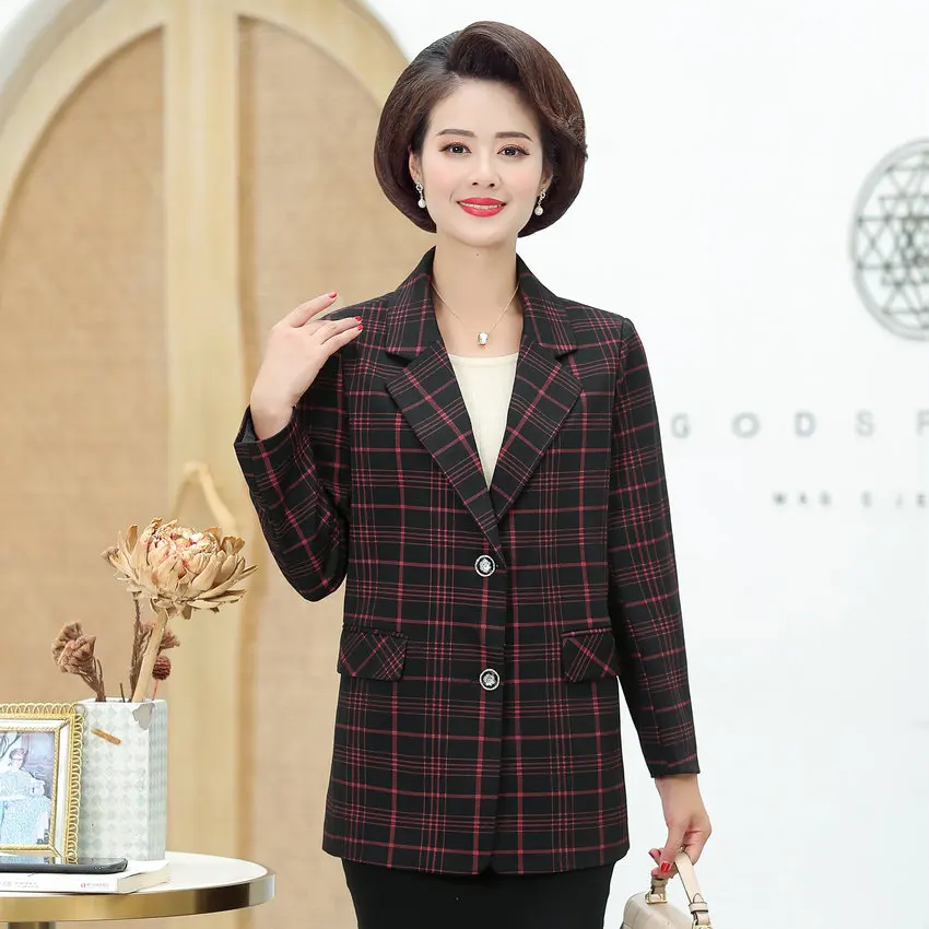 Middle Aged Women Plaid Blazer Autumn Spring Red Gray Checked Pattern Jacket Suit Mature Woman Elegant Outfits Notched Collar