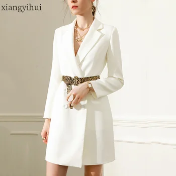 

Temperament chic White Blazer Party Dress Women Elegant Double Breasted High Waist Straight Mini Dress Vestido with Leopard Belt