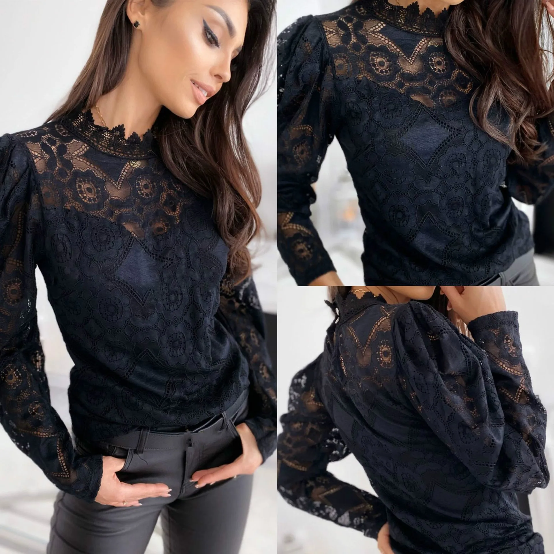 

Sexy Women Tops and Shirt Fall Clothing Sexy Lace See Throuthg Long Sleeve Turtleneck Ruffled Women Blouse