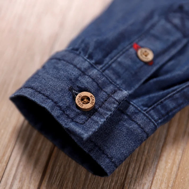 Boy's Denim Shirt Knitted Elastic Cotton Lapel New Pure Color Loose Children's Shirt