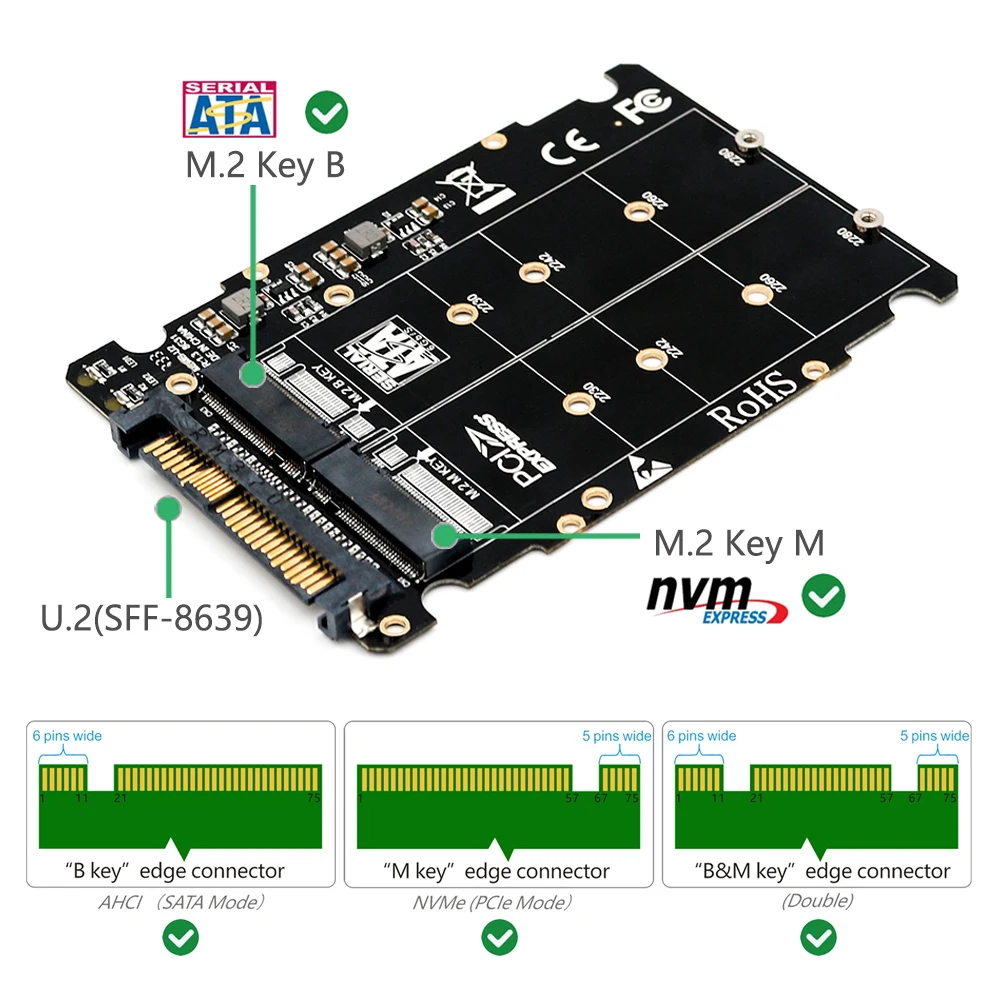 M.2 SSD на U.2 адаптер 2в1 M.2 NVMe и SATA-Bus NGFF SSD на PCI-e U.2 SFF-8639 адаптер PCIe M2 конвертер для настольных компьютеров