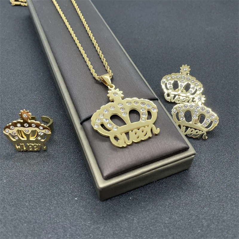 Gold Plated Titanium Steel Queen Crown Jewelry Set For Women Diamonds