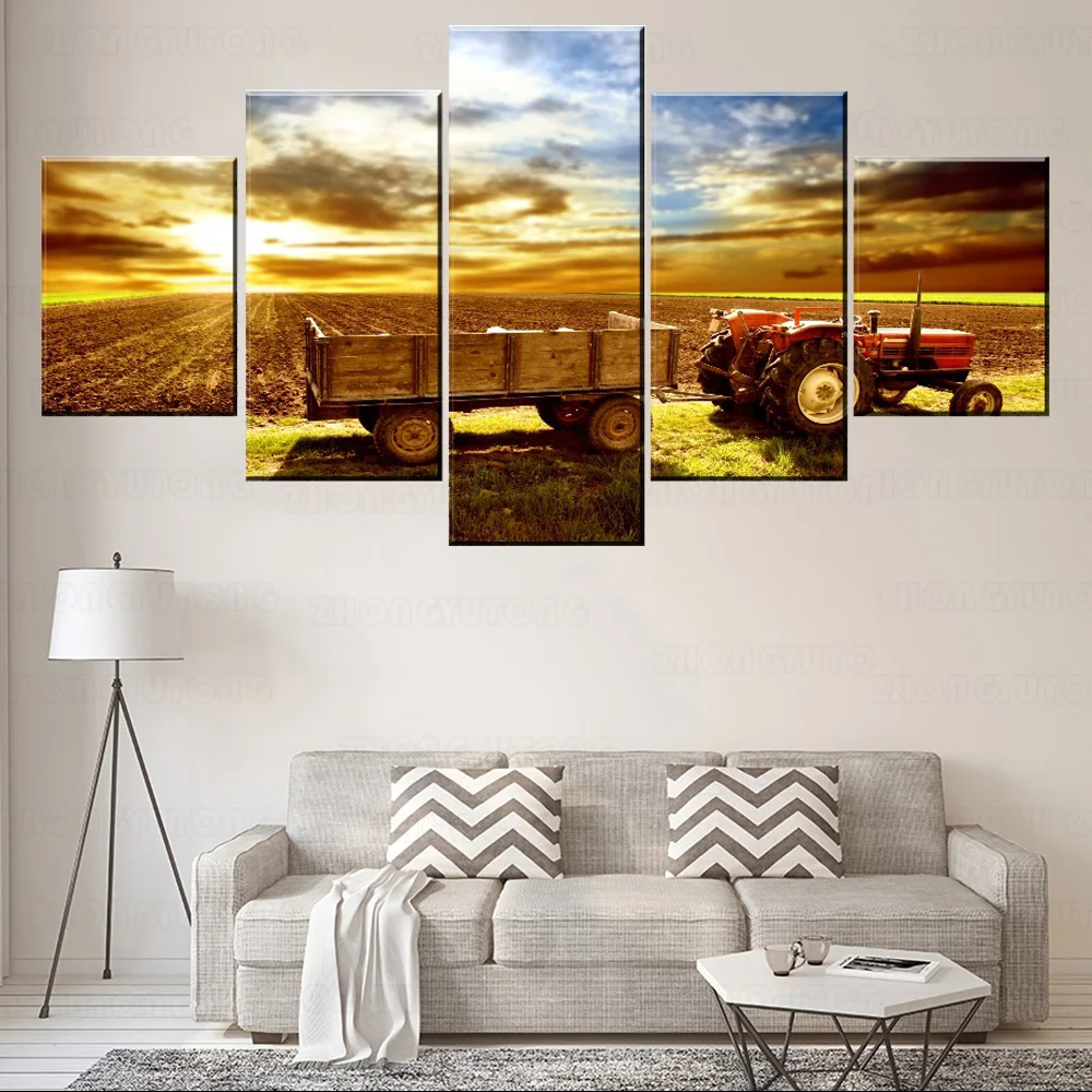 On The Wall Decorative Pictures 5 Panel Modern Artwork Sun Landscape Sky Cloud Tractor Vehicles Posters Canvas Printing Type | Дом и сад