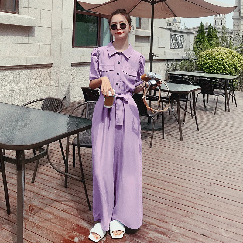Summer Short Sleeve Shirt Style Jumpsuit Women Bandage Romper Female Korean Purple/blue Loose One Piece Wide Leg Pants Overalls