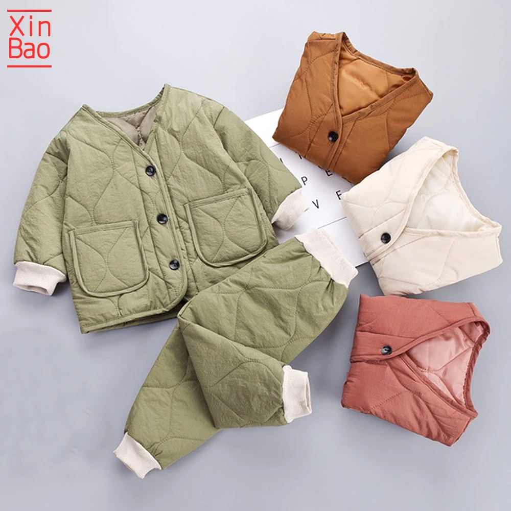

XINBAO 2019 girl clothes Thicken Warm Cotton Outfit Toddler boys clothes winter suit Coat Tops+ Pants 2Pcs Chilren Clothing Set