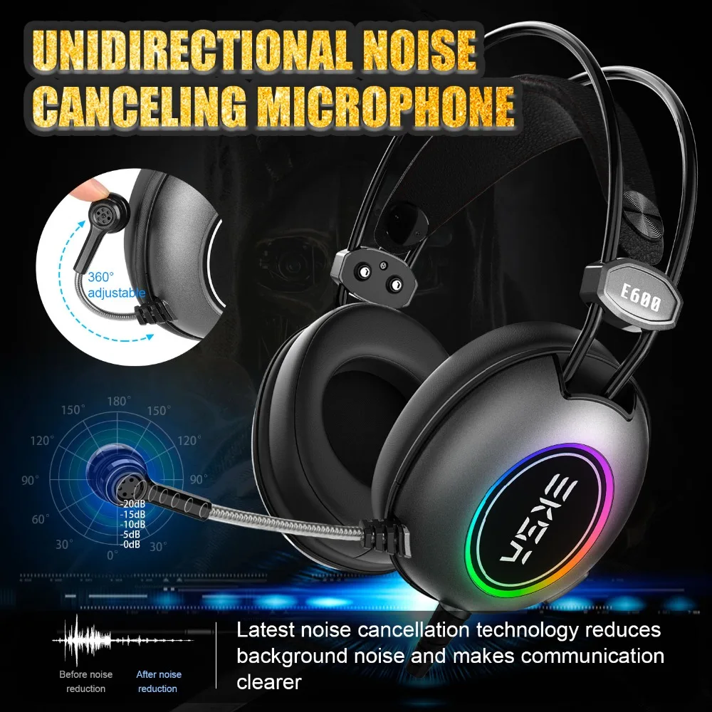 EKSA Virtual 7,1 Игровые наушники 50 мм неодимовый драйвер с шумоподавлением Микрофон RGB Flash led игровая гарнитура для ПК/Xbox/PS4