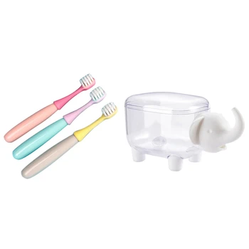 

1pcs Dustproof Elephant Shaped Cotton swab storage box & 3pcs 3-5 Years Old Mushroom Silicone Brush Head Toothbrush