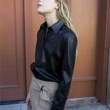 Очень мягкая рубашка из искусственной кожи куртка с воротником спереди на пуговицах асимметричный подол разрез сбоку Модный Топ для женщин 2019fw