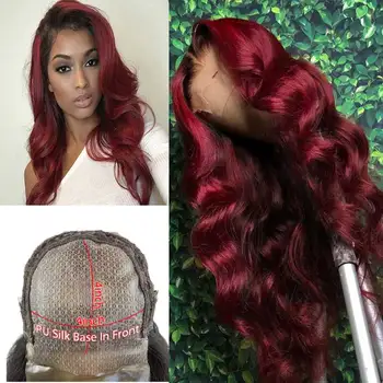 

Burgundy color PU Silke Base Wig 4*4 Silk Top Lace Closure Wig Wavy Brazilian Glueless Bleached Knots Remy 150 180 Density