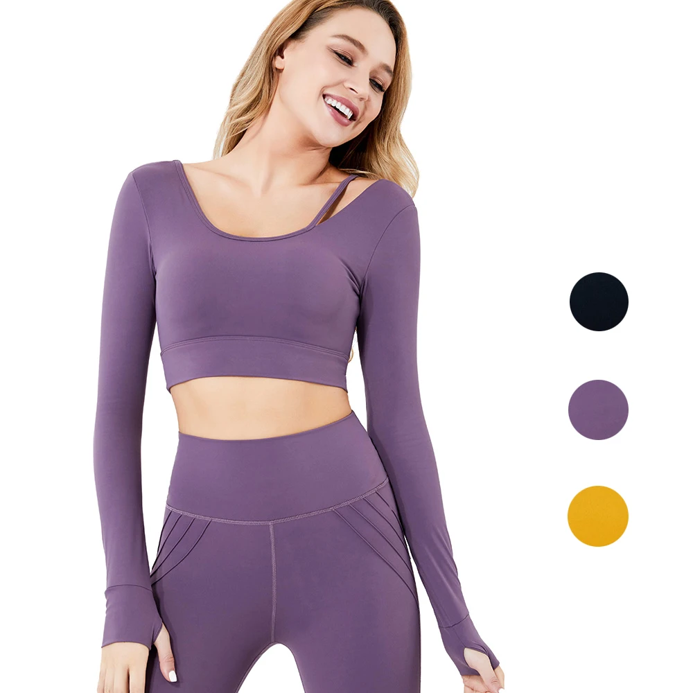 

Women Long Sleeve Yoga Gym Crop Top with Thumb Hole 7403 Fitness Workout Running Padded Top