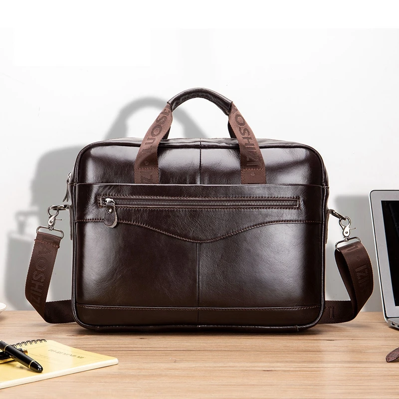 Men's Genuine Leather briefcase vintage man 14'' laptop bag Handbags Crossbody Bags office bags for men Bussiness Briefcase