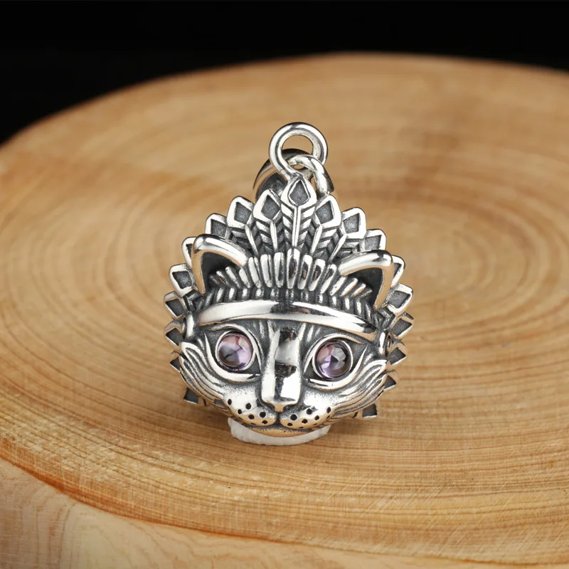 

S925 sterling silver inlaid with blue zircon Pharaoh's cat pendant trend hip-hop Indian tribe guardian god animal trend