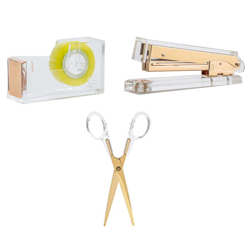 Acrylic Gold Stationery Bundle: 1) Stapler 1)Scissors1 Tape Dispenser -  AliExpress