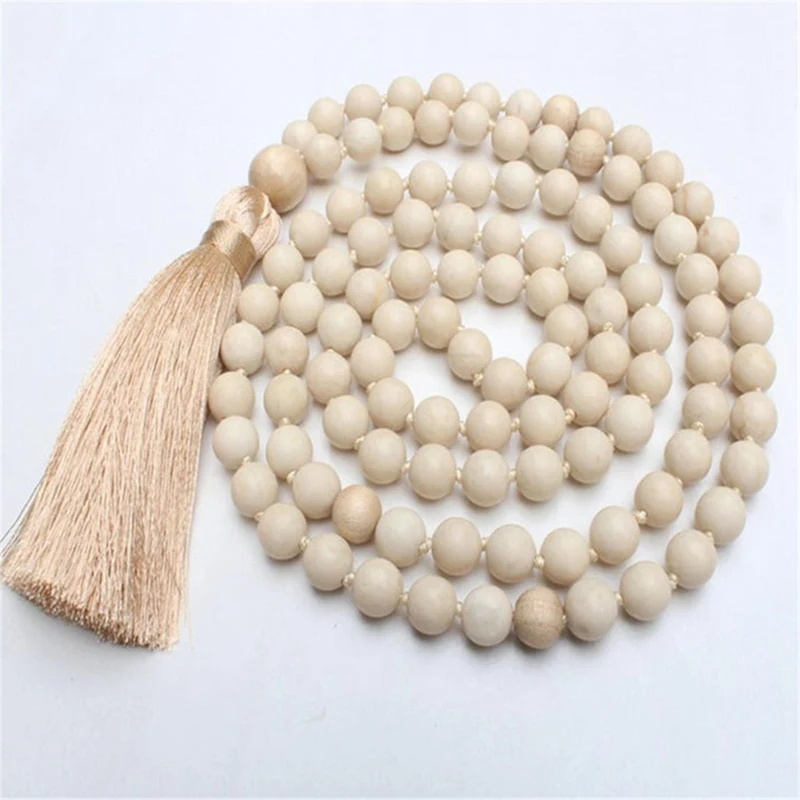 

6mm Natural White Jade Pulp Gemstone 108 Beads Tassel Necklace Chakra Reiki Buddhism Ruyi Pray Prayer