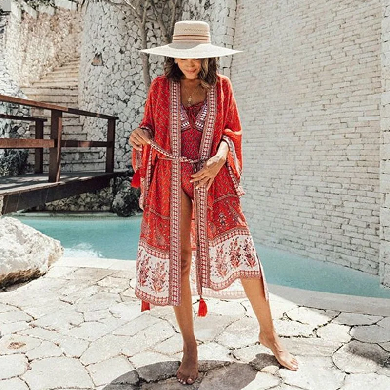 New Bikini Cover-ups Bohemian Printed Beach Dress Long Kimono Cardigan Women Beach Wear Swim Suit Cover Up Pareos