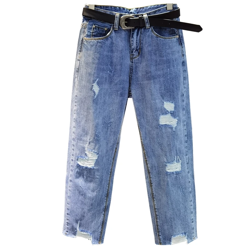 Spring New Fashion Fringed High-Waist Jeans for Women Super Fire Ripped-Style Mom Jeans Simple Village Jeans