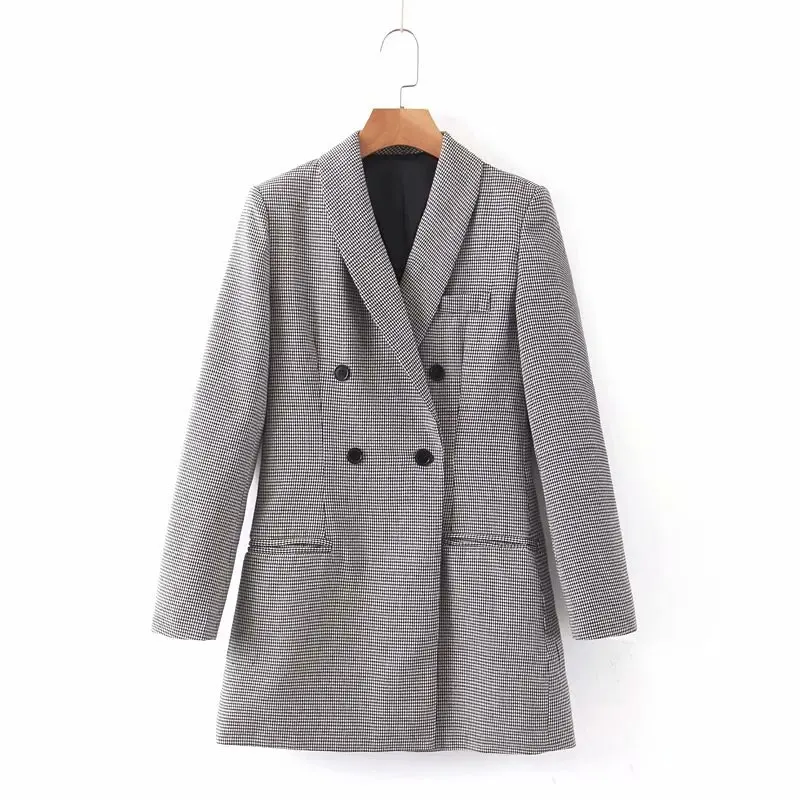 

F7004-Europe And America WOMEN'S Dress 2019 Spring And Autumn New Style Mid-length Double Breasted Thousands of Birds Suit Jacke