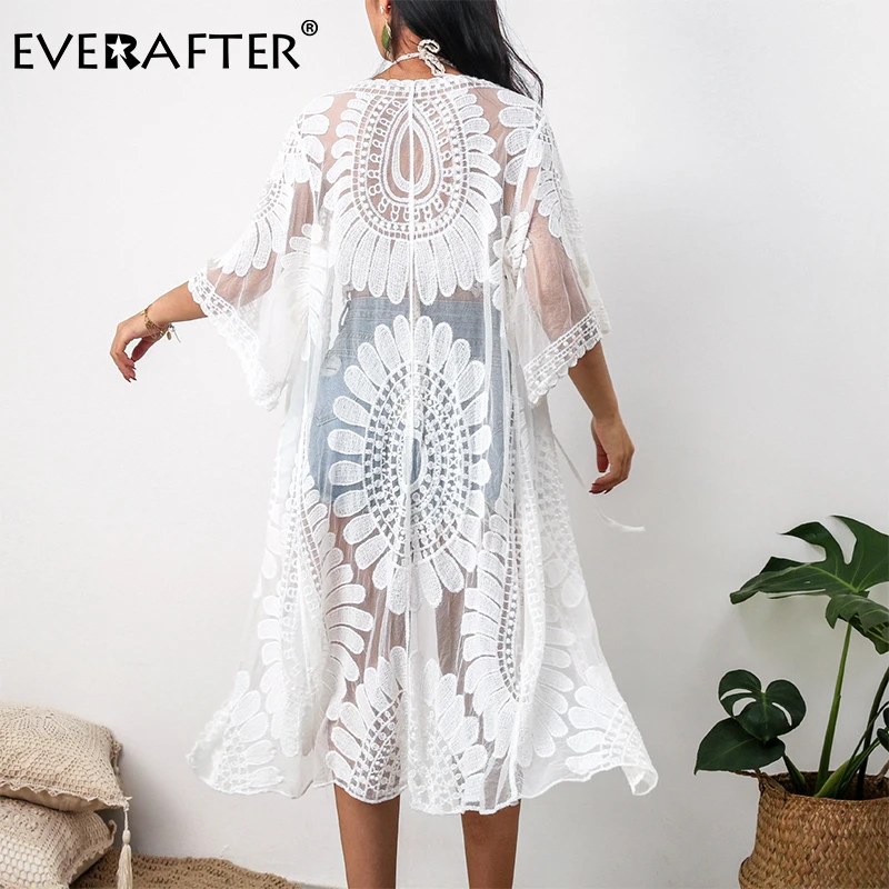 Женская Пляжная накидка EVERAFTER белая кружевная блузка с вышивкой летняя 2020 |