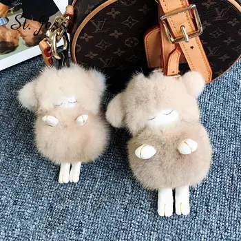 

Fluffy Fur Chains Sleeping Sheep Doll Keyring Pompon Real Mink Fur Car Ornaments Women Key Charm Bag Holder Pendant Chains