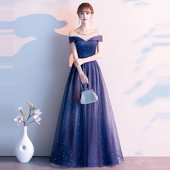 

Navy Blue Evening Dress K347 Shining Crystal Women Party Dresses Boat Neck A-Line Robe De Soiree O-Neck Short Sleeve Formal Gown