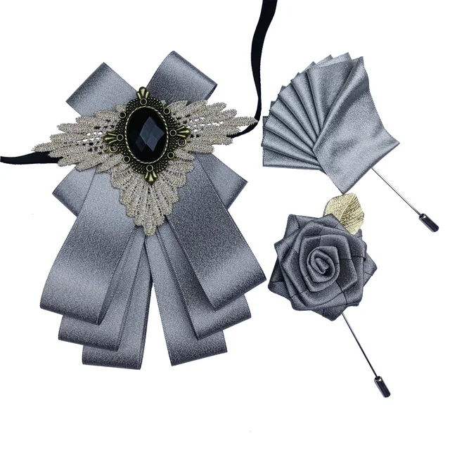 British New Fashion Men's Wedding Performance Groom Wedding-Party Flower Collar Bow Tie Pocket Towel Square Set Men Accessories GRAY SET