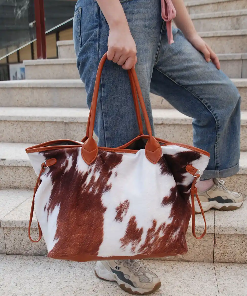 rts winter suede cowhide tote bag brown cow print suede handbag