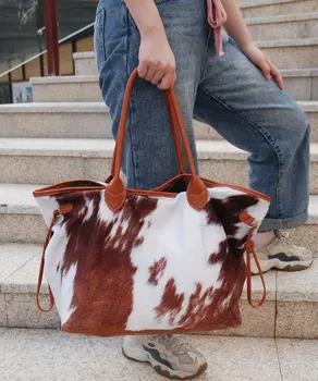 

Suede Cowhide Tote Bag Cow Print Suede Handbag Large Women Purse DOM1431