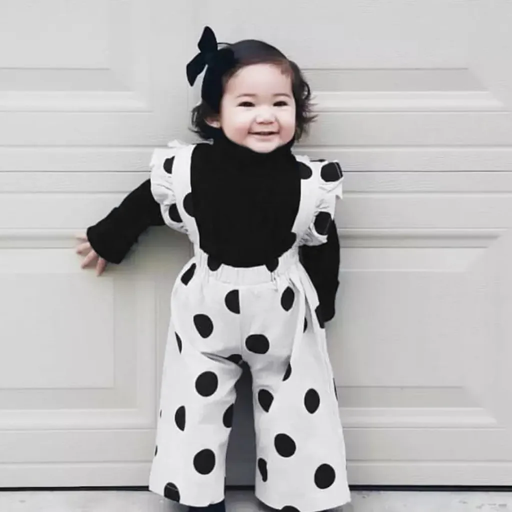 

Toddler Boy Girl Fall Winter Clothes Outfits Baby Girls Ruffles Solid T-shirt Tops+dot Print Suspender Pants Outfits Clothing