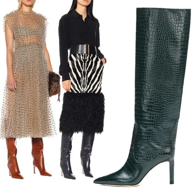

Vintage High Boots Pointed Toe Fashion Thin High Heels Gingham Runway Sexy Design Knight Boots Pumps Warm Winter Female Shoes