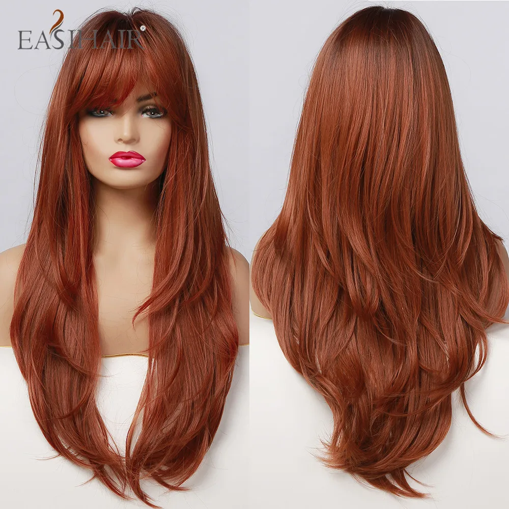 Wavy Wigs Bangs Fiber-Hair Dark-Root Heat-Resistant Brown Black Colored Synthetic-Long