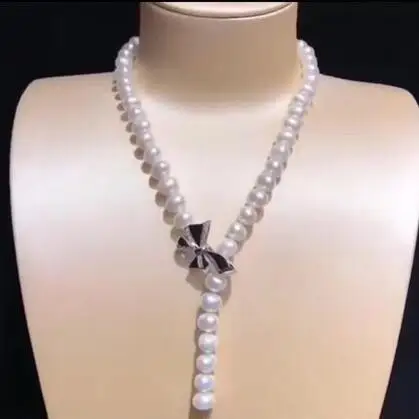 

9-10 White Akoya Natural freshwater Pearl Butterfly Crystal zircon pendant Necklace