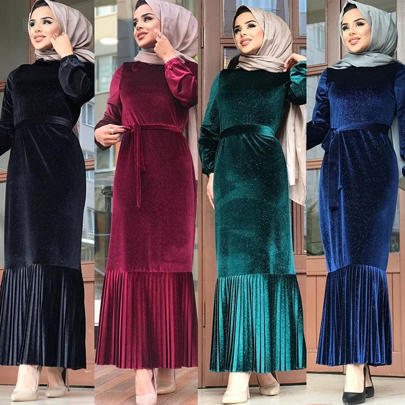 Черное мусульманское платье Abaya бархатное Плиссированное однотонное макси в