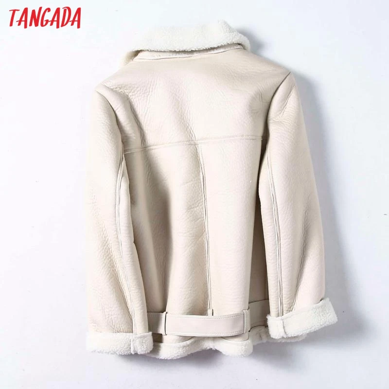 Tangada Women beige fur faux leather jacket coat with belt turn down collar Ladies 2019 Winter Thick Warm Oversized Coat 5B01