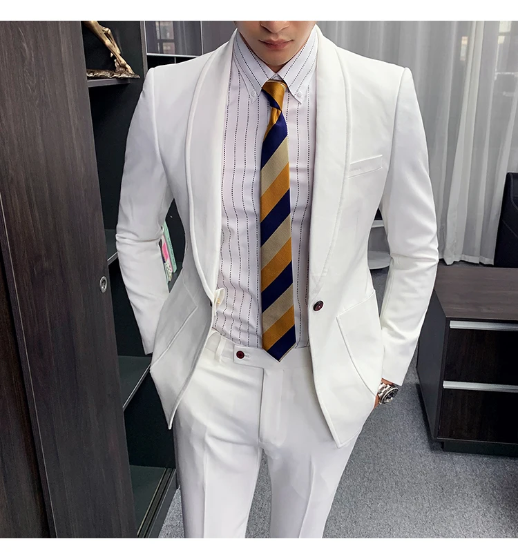 Plyesxale черный, белый цвет Мужские свадебные костюмы Стильный Slim Fit для мужчин s сценические вечерние костюмы на выпускной костюм из двух частей Homme Mariage Q892