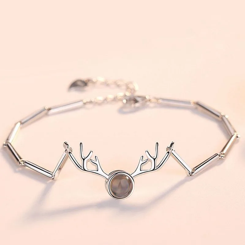 

925 Sterling Silver Antlers Projection Bracelet 100 Languages I Love You Bracelet Charm Women Jewelry Valentine's Day Gift