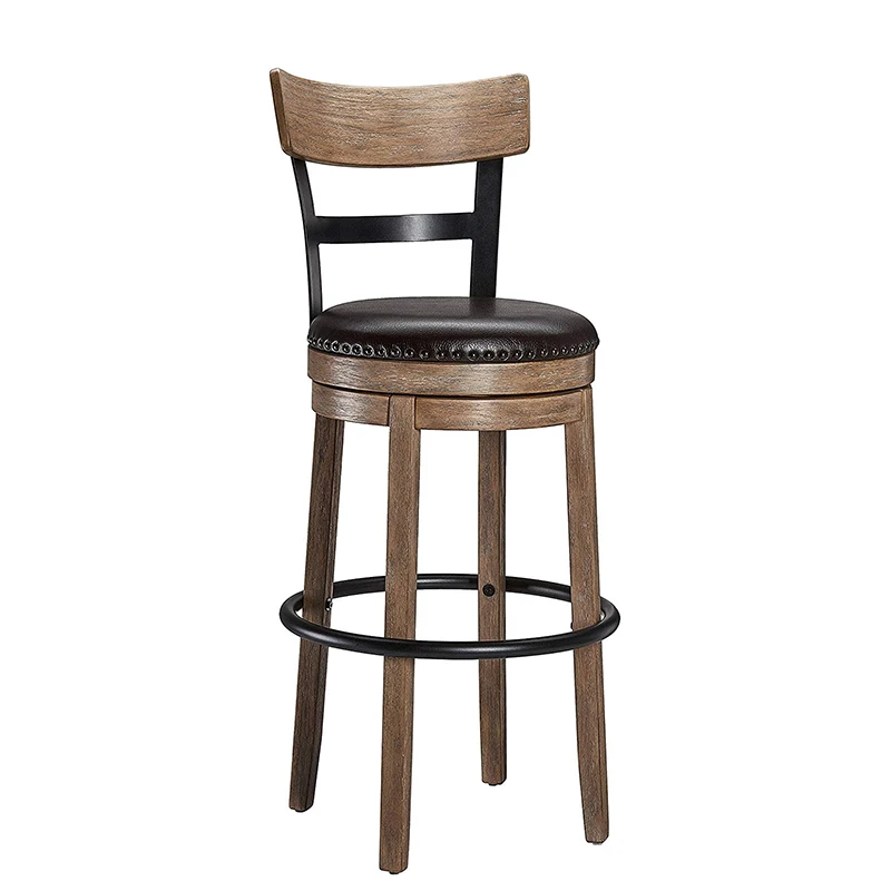 Wooden Bar Chair Rotating Retro Craft PU Leather Bar Stool Home Bar Chair Solid Wood High Chair High Bar Stool